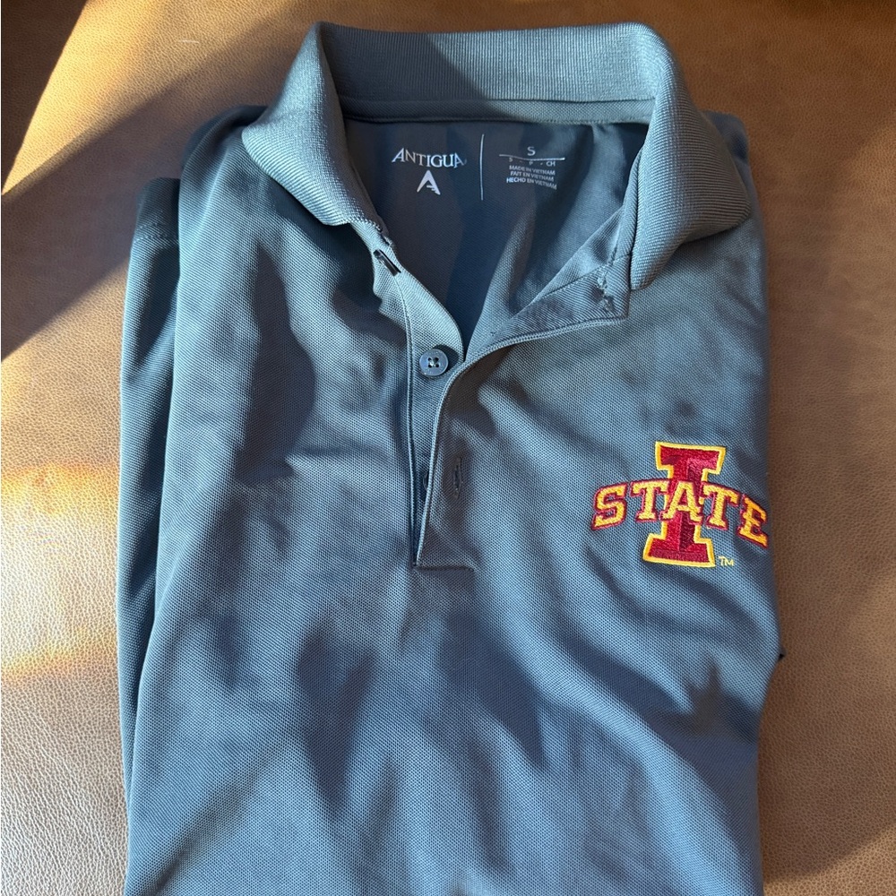 Antigua Men's Iowa State Polo in Slate Blue with Red & Gold Logo